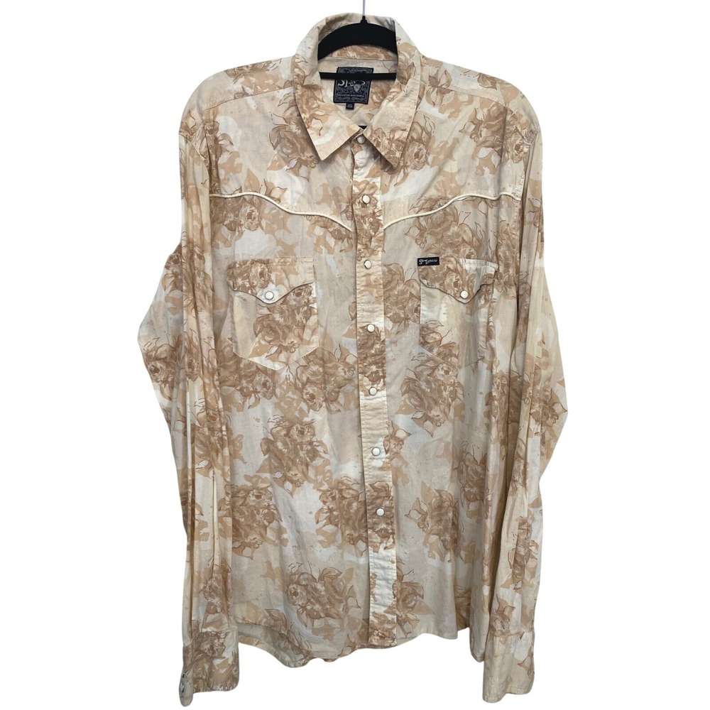 Southern Thread Mens XL Floral Western Pearl Snap Shirt Tan Long Sleeve Cotton